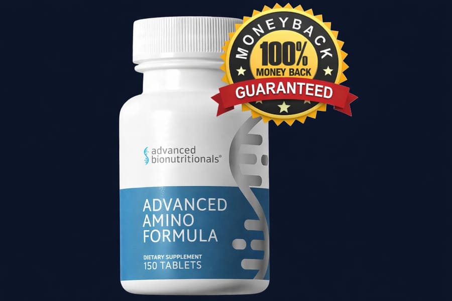 Advanced Amino supplement bottle by Advanced Bionutritionals with 100% money-back guarantee, designed to support muscle health and aging.