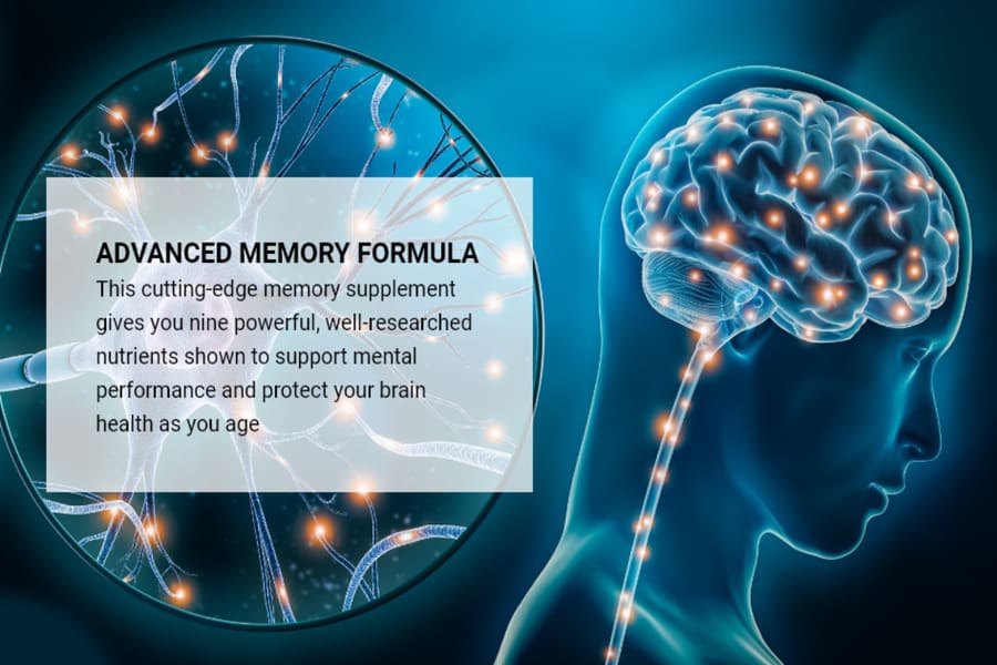 Advanced Memory formula illustration showing activated brain neurons supporting memory, focus, and long-term brain health
