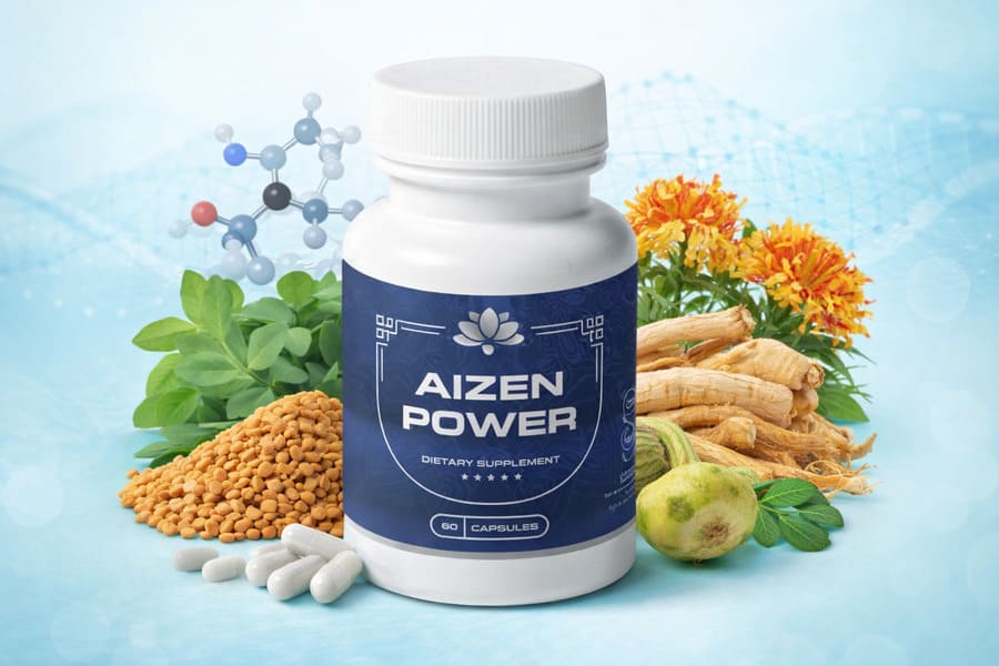 Aizen Power supplement bottle surrounded by natural ingredients on a light blue background, highlighting male vitality support