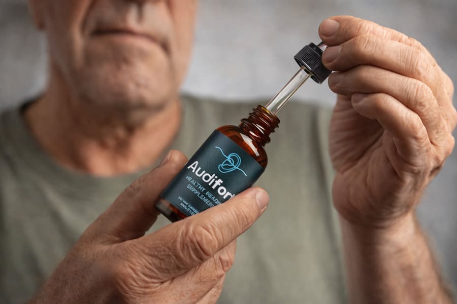 Older man holding an Audifort hearing support supplement bottle with a dropper, showing liquid formula designed to support tinnitus relief and sound clarity