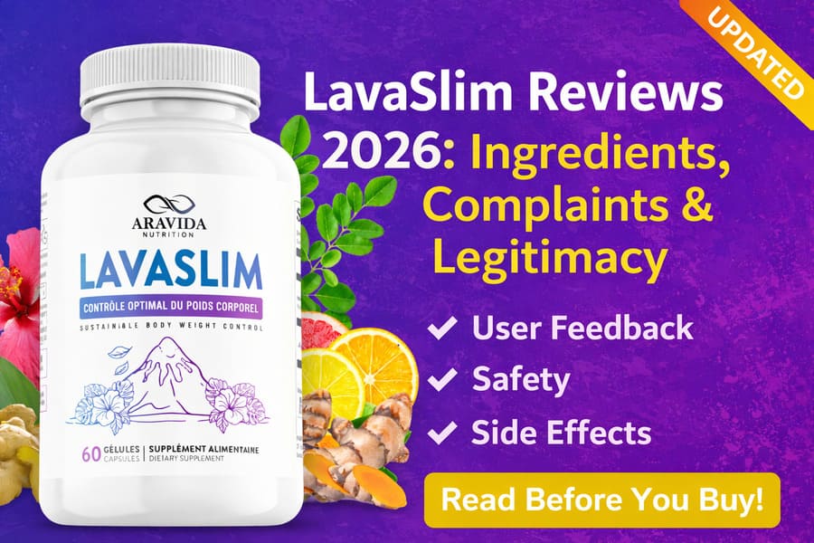 LavaSlim Reviews 2026 showing the official LavaSlim supplement bottle with natural ingredients, highlighting ingredients, user feedback, safety, and legitimacy analysis.