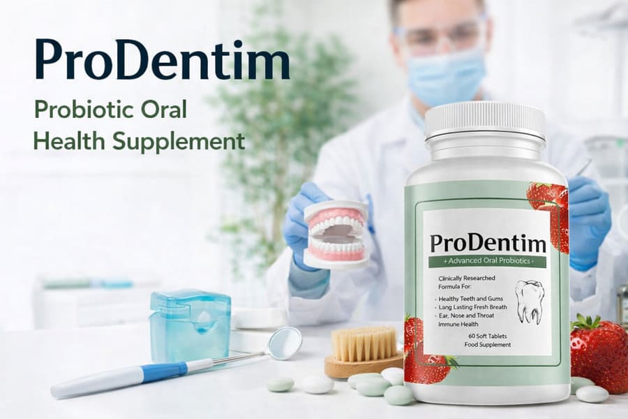 Prodentim oral probiotic supplement bottle with green label, dental care tools, lozenges, and fresh strawberries, promoting healthier teeth, gums, and long-lasting fresh breath