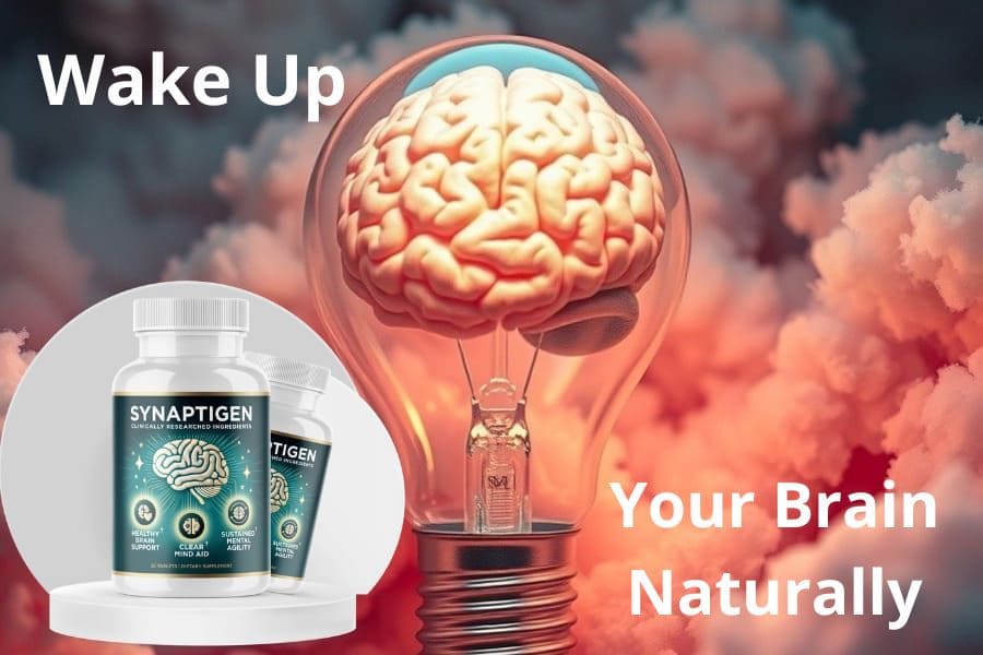 Synaptigen memory support supplement bottles next to glowing brain light bulb symbolizing improved focus and reduced brain fog after 45