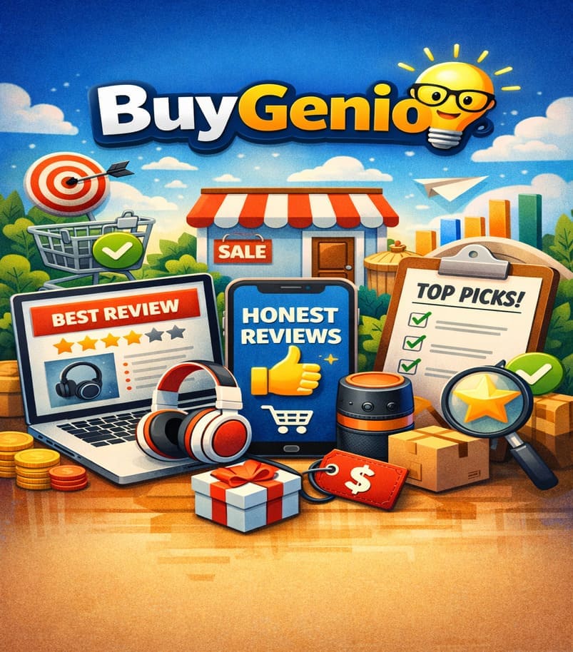 Illustration showing BuyGenio as a product review platform, with honest reviews, top picks, product ratings, comparisons, and smart buying decisions.