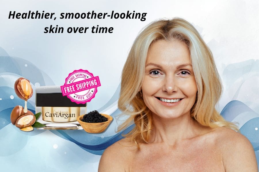 Mature woman smiling next to CaviArgan anti-aging cream, representing smoother and healthier-looking skin