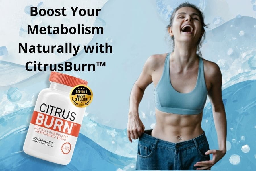 Woman showing weight loss results while holding loose jeans next to CitrusBurn supplement bottle, illustrating natural fat metabolism and weight management support.