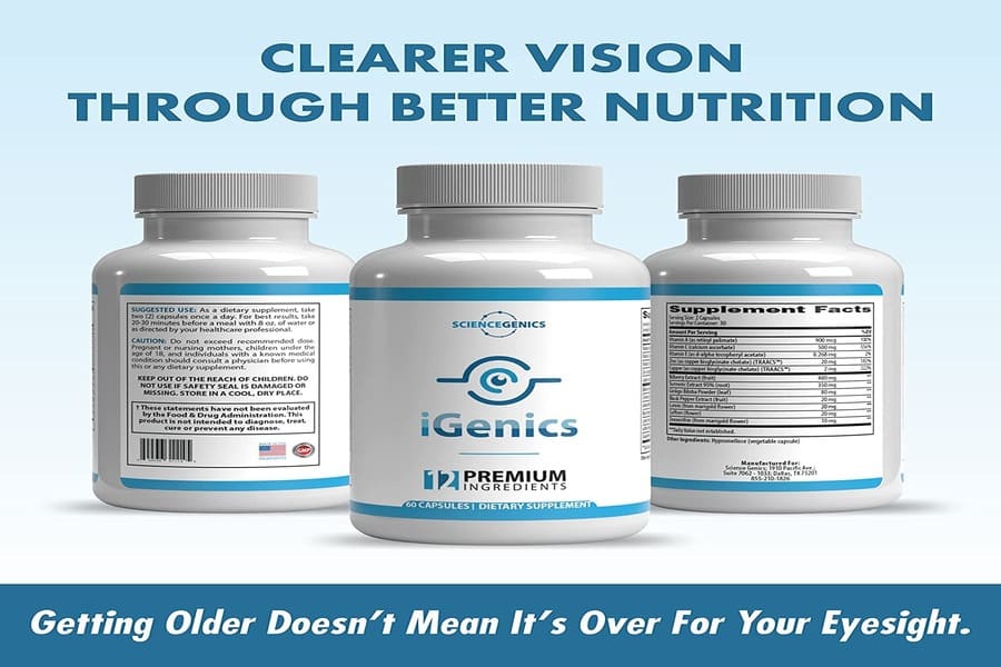 Three iGenics vision support supplement bottles showing front label, ingredients panel, and supplement facts for eye health