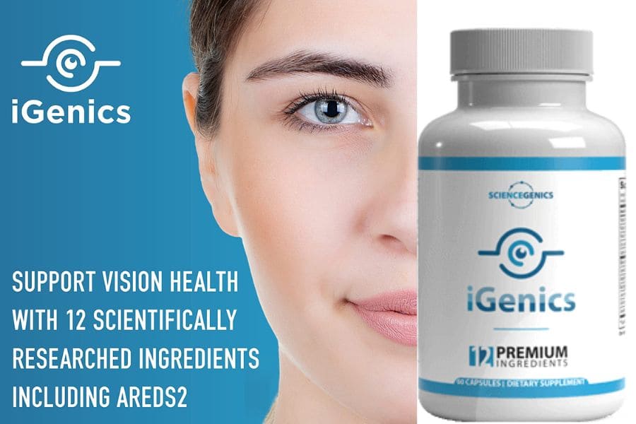 iGenics vision support supplement bottle next to a woman's eye, highlighting eye health and scientifically researched ingredients