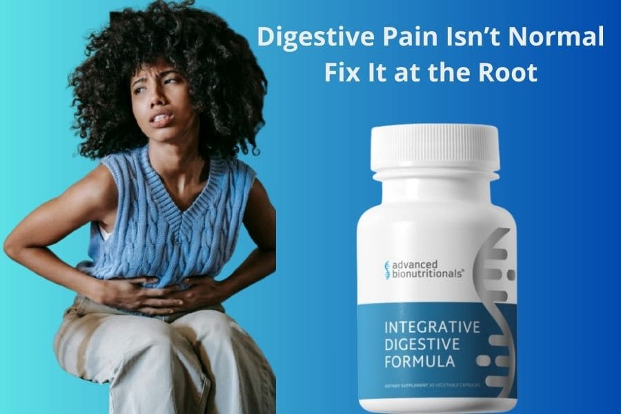 Woman experiencing stomach pain next to Integrative Digestive Formula bottle for digestive health support