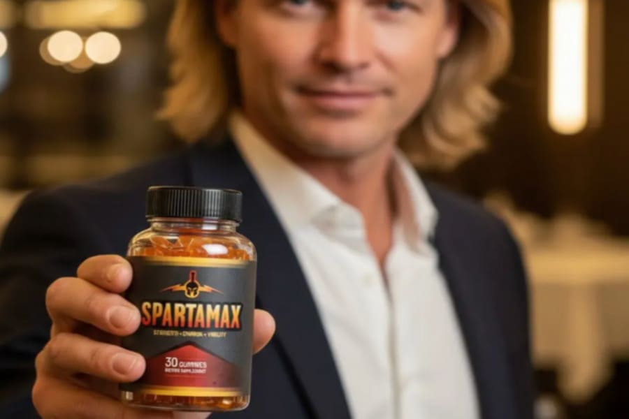 Well-dressed man holding a bottle of Spartamax male supplement with 30 gummies, in an elegant indoor setting with a blurred background.
