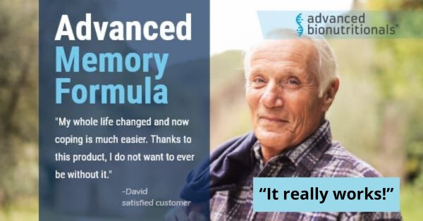 Advanced Memory Formula testimonial image showing satisfied senior customer and product branding highlighting memory support