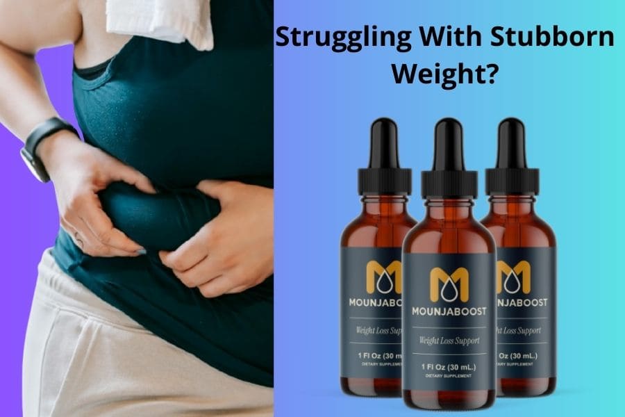 Woman holding belly fat next to MounjaBoost weight loss support bottles designed for women over 30 to support metabolism and appetite control