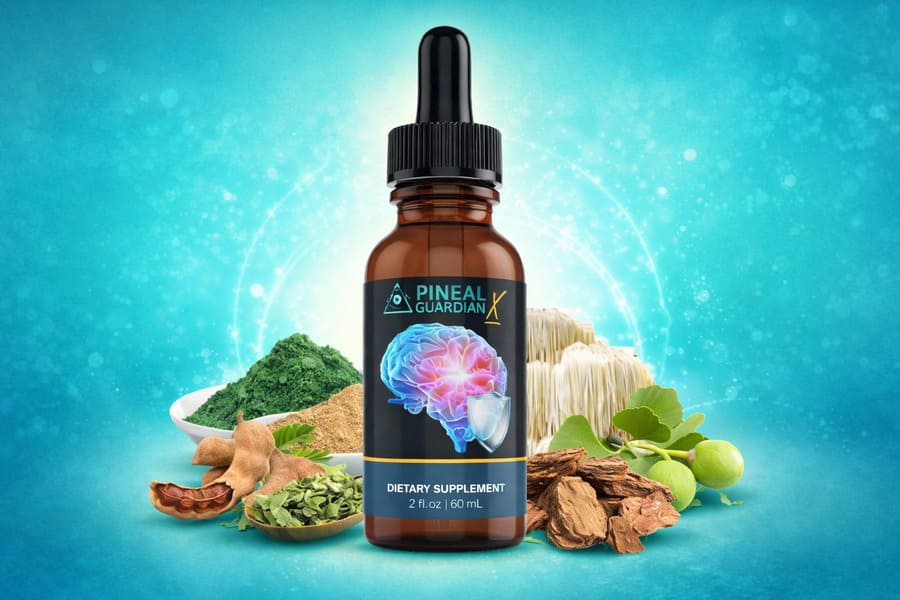 Pineal Guardian supplement bottle surrounded by natural ingredients, supporting pineal gland health, brain clarity, and sleep balance