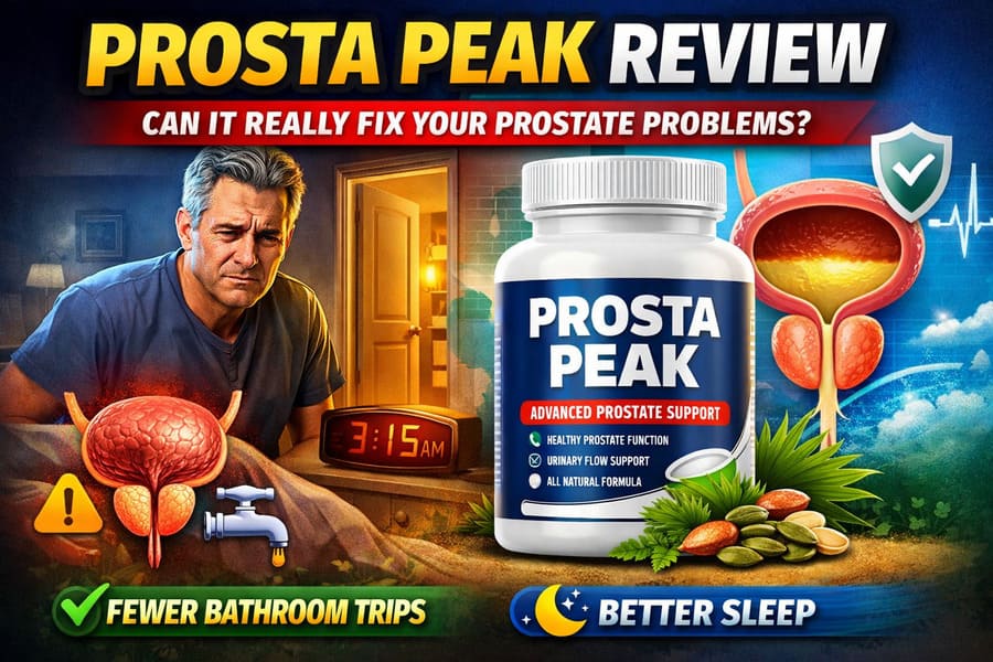 Prosta Peak supplement bottle with prostate illustration showing urinary support benefits and improved sleep for men over 40