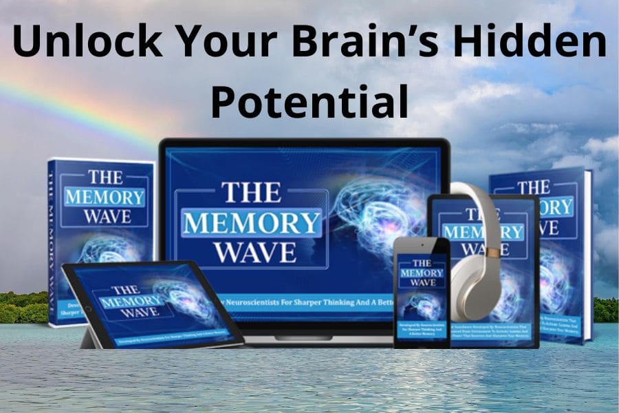 The Memory Wave official product displayed on laptop, tablet and smartphone with brainwave technology background