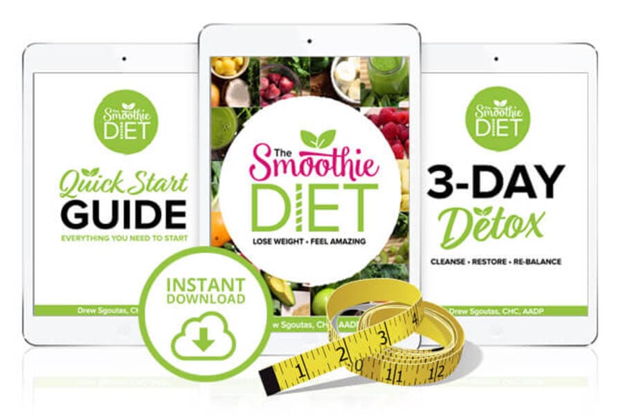 The Smoothie Diet digital program showing the 21-day smoothie plan, quick start guide, 3-day detox bonus, and instant download for weight loss.