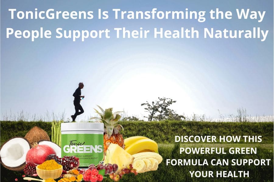 TonicGreens superfood powder with fruits and a runner in nature, representing natural energy and immune support benefits.