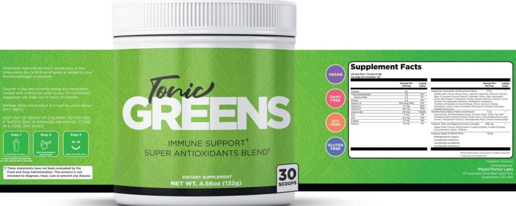 TonicGreens supplement label showing immune support formula, super antioxidants blend, 30 scoops container, and supplement facts panel.
